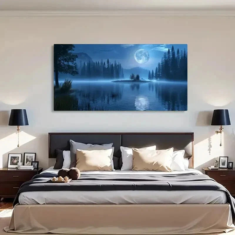 Enchanted Moonlit Lake & Starry Wall Art Canvas Office Home Room Framed 120x60cm