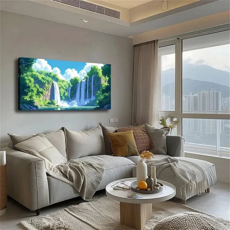 Waterfalls & Green Trees Lands Wall Art Canvas Office Home Room Framed 120x60cm