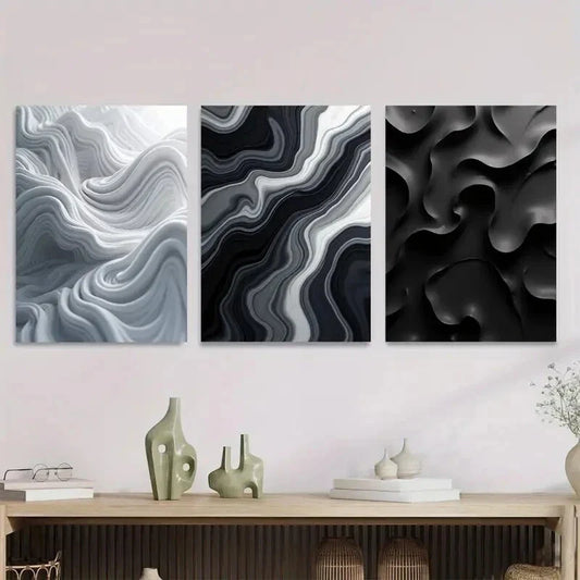 3pcs Abstract Agate Modern Black & White Metal Print Ready to Hang Art