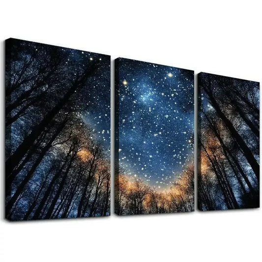 3pcs Modern Blue Starry Night Forest Tree Wall Art Set Canvas Framed 40x60cm - High Quality Print 100% Australian Made Wall Canvas Ready to Hang