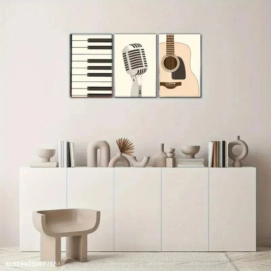 3pcs Piano Guitar and Microphone Metal Print Ready to Hang Art