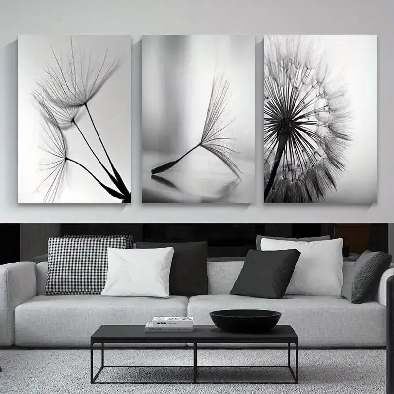 3pcs Dandelion Flower Black & White Canvas Framed 40x60cm - High Quality Print 100% Australian Made Wall Canvas Ready to Hang