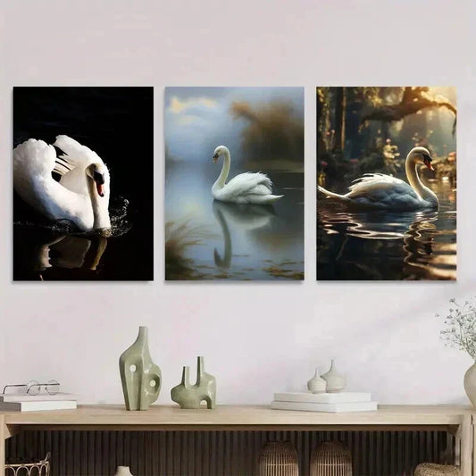 3pcs Elegant White Swans in Serene Water Scenes Wall Art Set Canvas Framed 40x60cm - High Quality Print 100% Australian Made Wall Canvas Ready to Hang