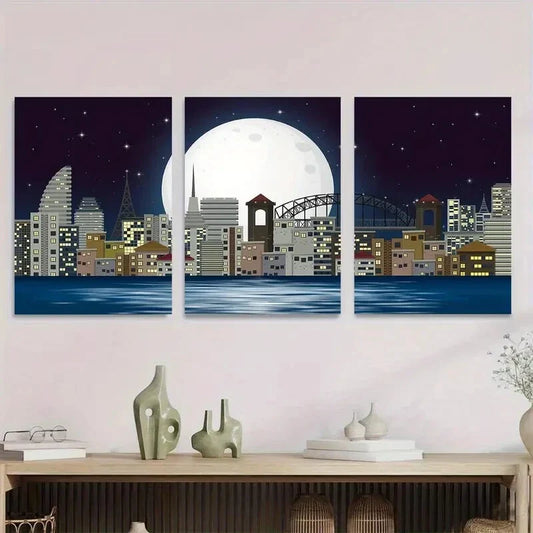 3pcs Night View Triptych Moon Metal Print Ready to Hang Art