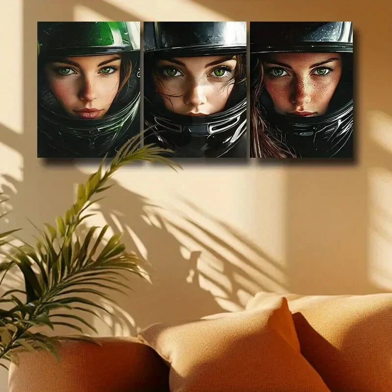 3pcs The Woman in the Green Helmet Metal Print Ready to Hang Art