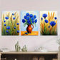 3pcs Blue Floral Bouquet in Vase Metal Print Ready to Hang Art