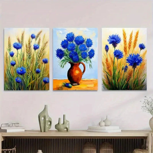 3pcs Blue Floral Bouquet in Vase Metal Print Ready to Hang Art