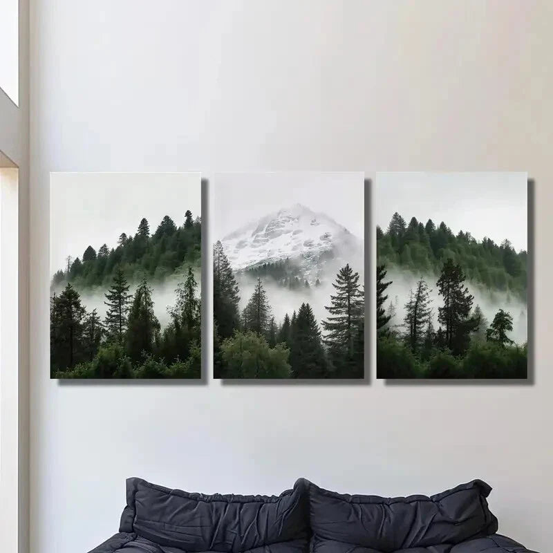 3pcs forests and mountains with rising mist, Metal Print Ready to Hang Art