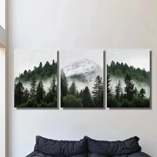 3pcs forests and mountains with rising mist, Metal Print Ready to Hang Art