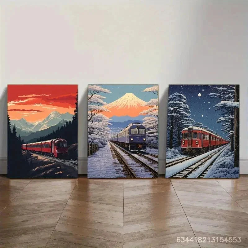 3pcs Train Tracks Moving Train Japanese Landscape Metal Print Ready to Hang Art