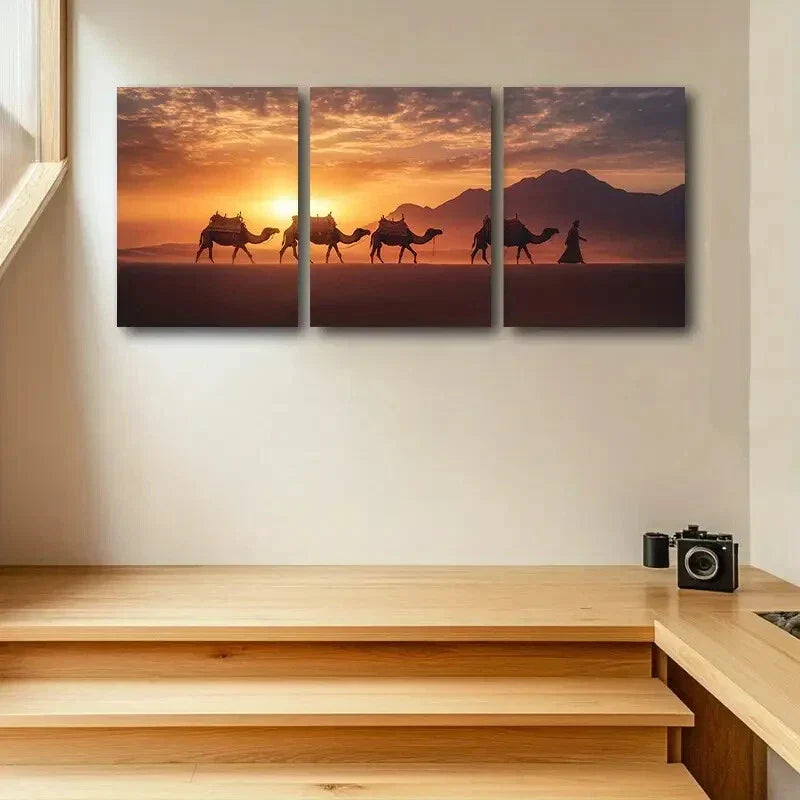3pcs Camel Train in Desert Metal Print Ready to Hang Art