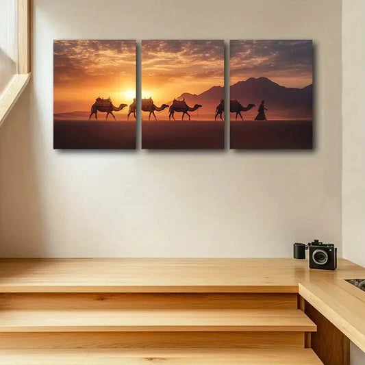 3pcs Camel Train in Desert Metal Print Ready to Hang Art