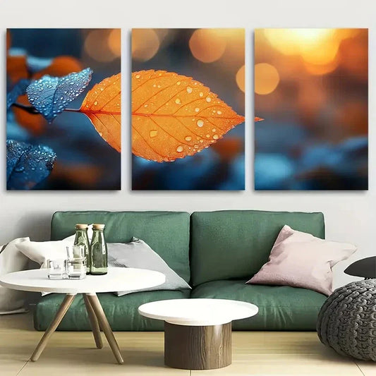 3pcs Autumn Leaf During Sunrise Close Up Metal Print Ready to Hang Art