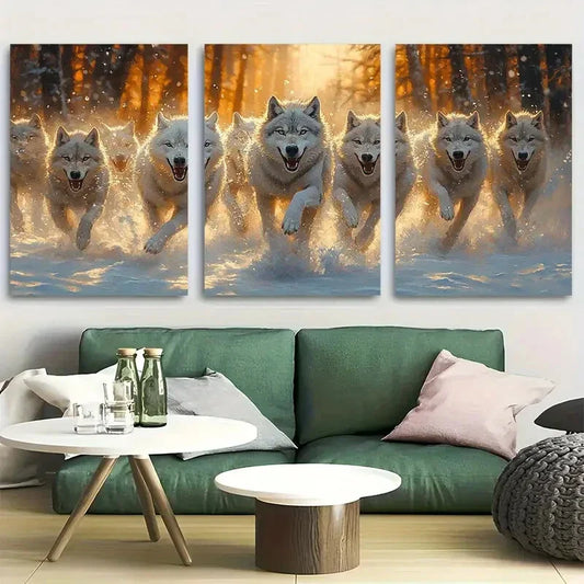 3pcs Pack Of Wolves Running Through Snowy Tundra Metal Print Ready to Hang Art