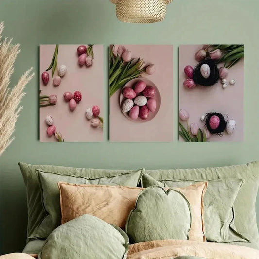 3pcs Pink Easter Egg & Tulip Metal Print Ready to Hang Art