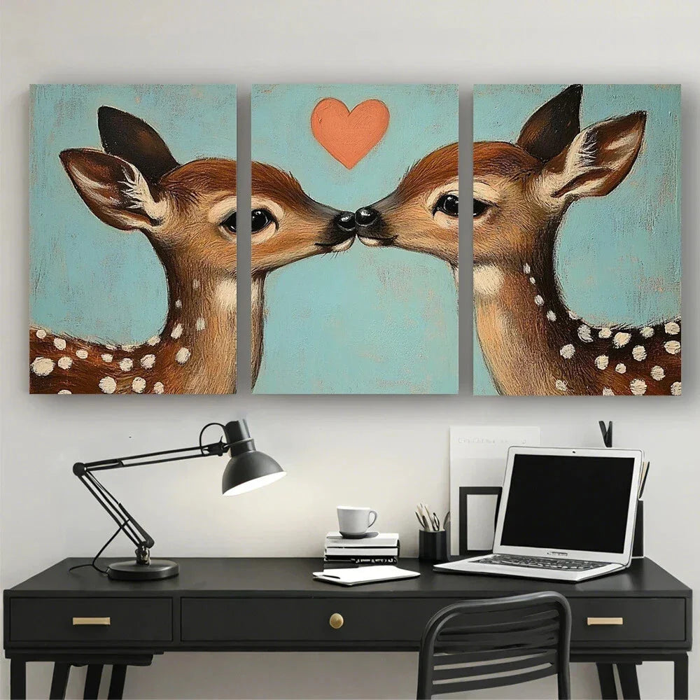 3pcs Sweet Deer Kissing with Red Heart Design Metal Print Ready to Hang Art