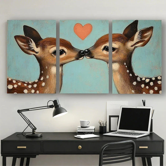 3pcs Sweet Deer Kissing with Red Heart Design Metal Print Ready to Hang Art