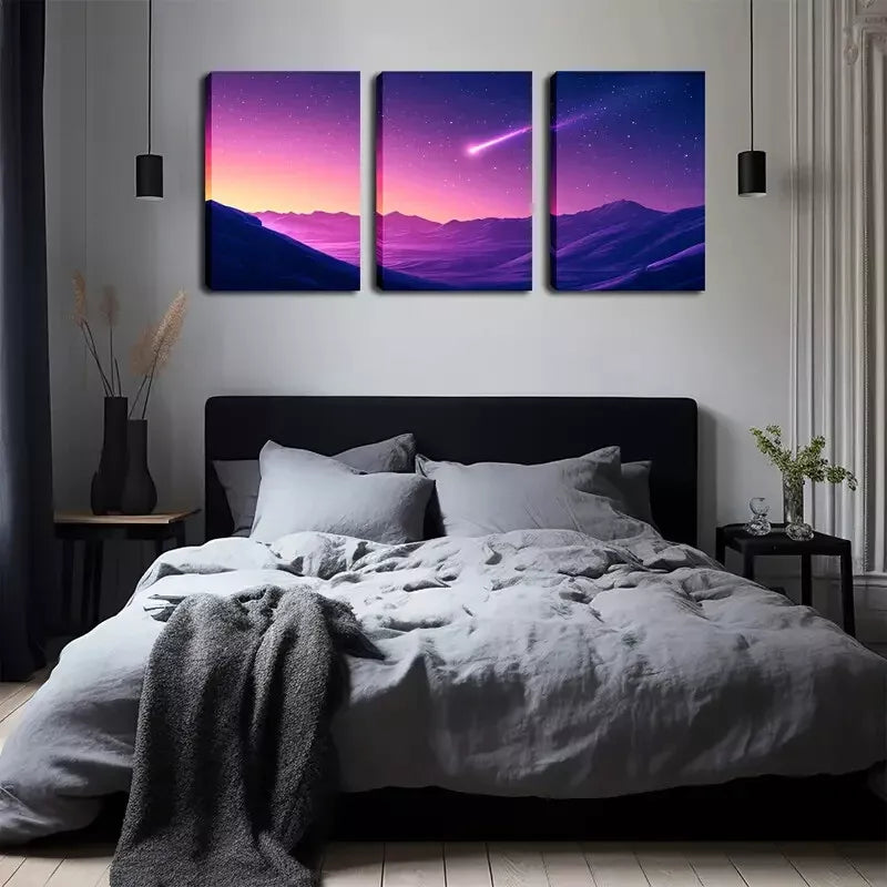 3pcs Purple Sky, Comet, Attractive Artwork Wall Art Set Canvas Framed 40x60cm - High Quality Print 100% Australian Made Wall Canvas Ready to Hang