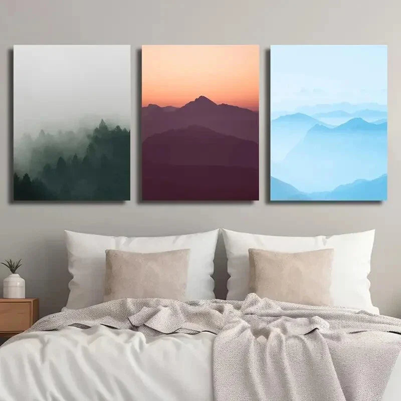 3pcs Foggy Mountains Landscape Wall Art Set Canvas Framed 40x60cm - High Quality Print 100% Australian Made Wall Canvas Ready to Hang