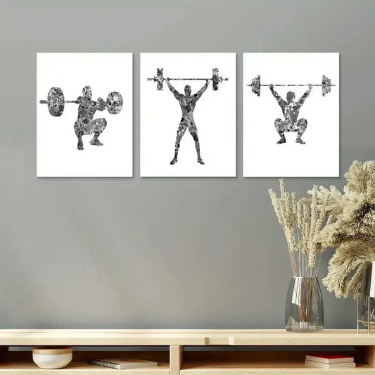 3pcs Black and White Male Weightlifter Power Sport Metal Print Ready to Hang Art