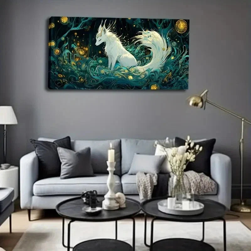 Mythical White Fox Teal Forest Wall Art Canvas Office Home Room Framed 120x60cm