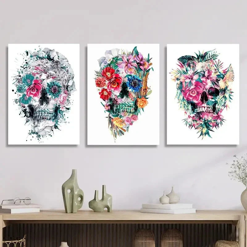 3pcs Vibrant Watercolor Floral Ink Skull Paintings  Metal Print Ready to Hang Art