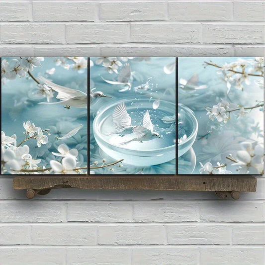 3pcs Peaceful Dove with Cherry Blossoms Metal Print Ready to Hang Art