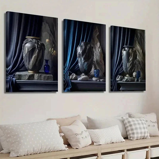 3pcs Tone Vase Art Blue Vase Plant Wall Art Set Canvas Framed 40x60cm - High Quality Print 100% Australian Made Wall Canvas Ready to Hang