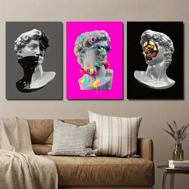 3pcs David Statue Greek Golden Colorful Metal Print Ready to Hang Art
