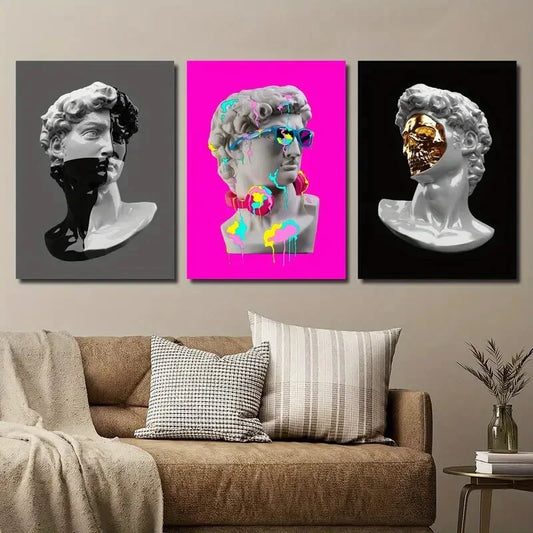 3pcs David Statue Greek Golden Colorful Metal Print Ready to Hang Art