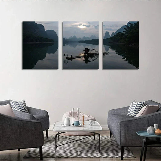 3pcs Fishing Boat Lake Mountain Metal Print Ready to Hang Art