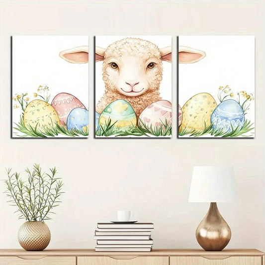 3pcs Colorful Eggs & Floral Blooms Vibrant Metal Print Ready to Hang Art