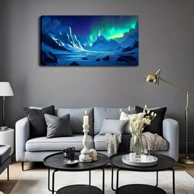 Vibrant Northern Lights & Snow Wall Art Canvas Office Home Room Framed 120x60cm