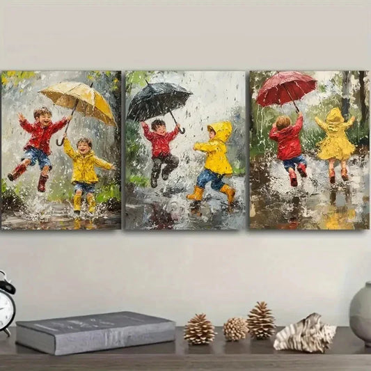 3pcs 2 kids playing in the rain  Metal Print Ready to Hang Art