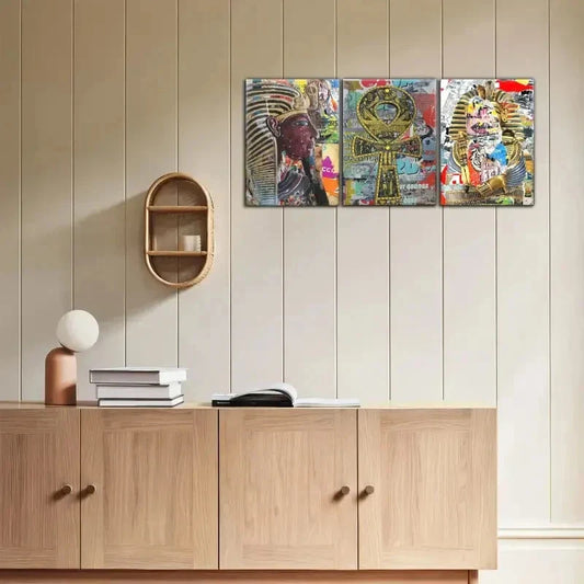 3pcs Egyptian King'S Set Design, Minimalist Metal Print Ready to Hang Art