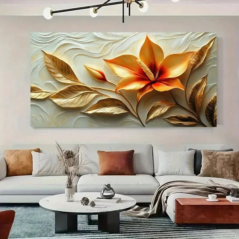 Vibrant Orange Flowers & Golden Wall Art Canvas Office Home Room Framed 120x60cm