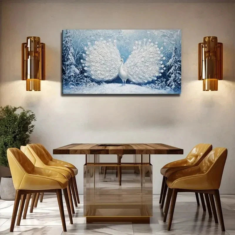 White Peacock Perfect Wall Art Canvas Office Home Room Framed 80x45cm