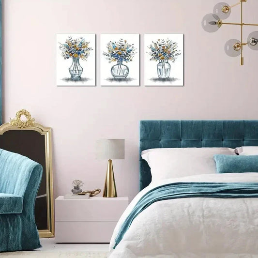 3pcs  Blue Floral in Jar Painting Farmhouse Metal Print Ready to Hang Art