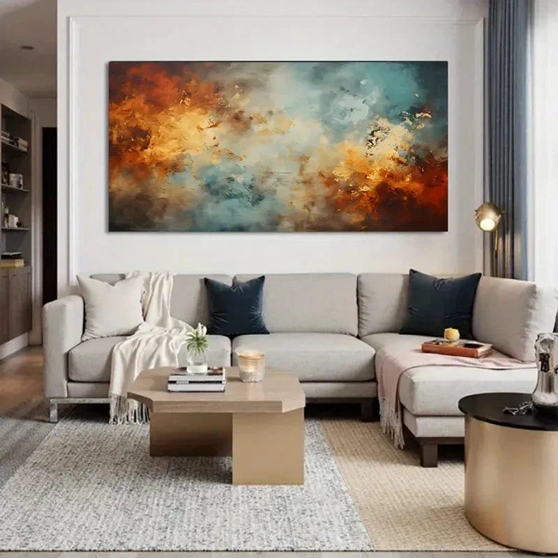 Warm Orange Blue & Beige Swirl Wall Art Canvas Office Home Room Framed 80x45cm