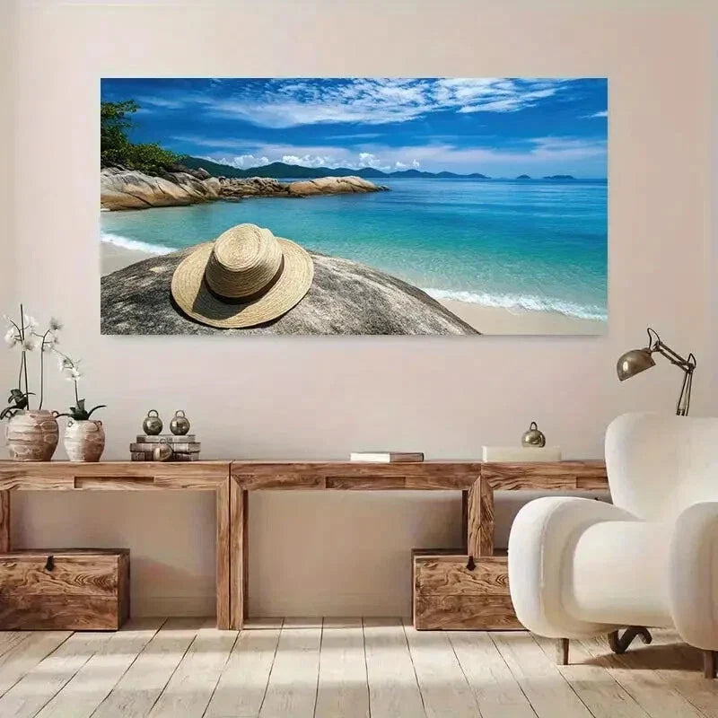 Vibrant Beach Hat Coastal wall canvas office home room framed 120x60cm