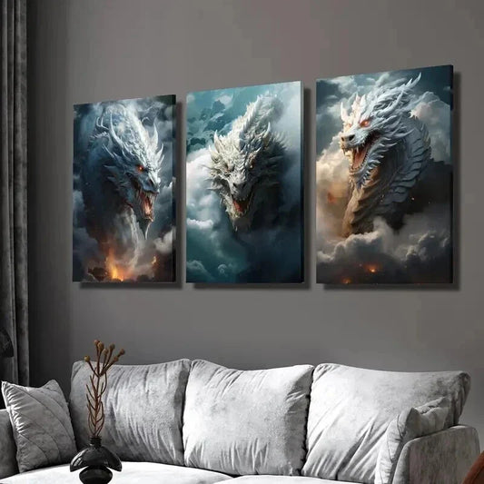 3pcs Fantasy Flying Dragon on the Clouds Wall Art Set Canvas Framed 40x60cm - High Quality Print 100% Australian Made Wall Canvas Ready to Hang