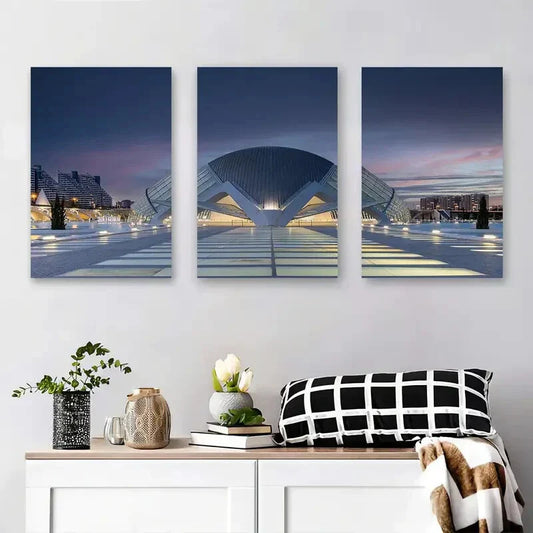 3pcs Modern Architecture at Sunset Futuristic Metal Print Ready to Hang Art
