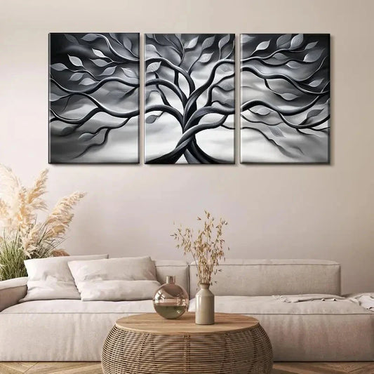 3pcs Elegant Black And White Twisting Tree Metal Print Ready to Hang Art