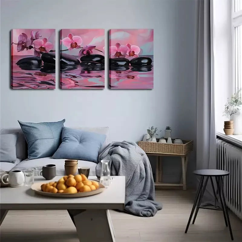 3pcs Water, Pebbles, Orchids Wall Art Set Canvas Framed 40x60cm - High Quality Print 100% Australian Made Wall Canvas Ready to Hang