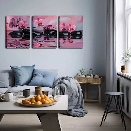 3pcs Water, Pebbles, Orchids Wall Art Set Canvas Framed 40x60cm - High Quality Print 100% Australian Made Wall Canvas Ready to Hang