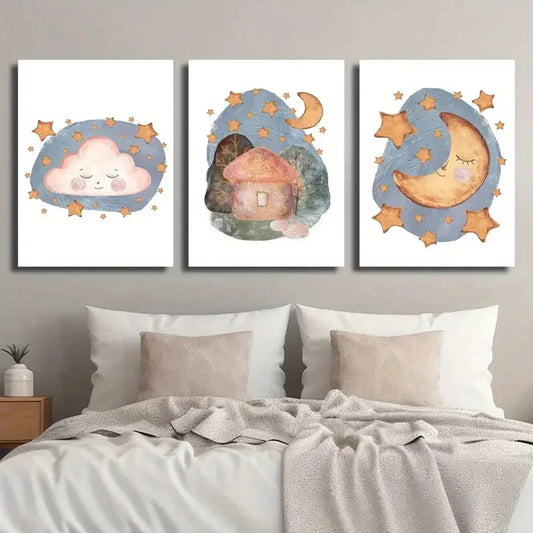 3pcs Watercolor Style Stars Clouds And Star Moon Metal Print Ready to Hang Art