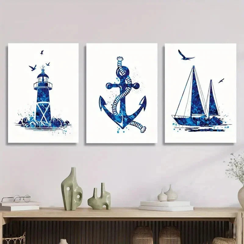 3pcs Navy blue watercolor print, lighthouse sail  Metal Print Ready to Hang Art