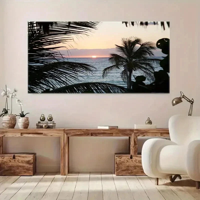 Sunset & Palm Trees Caribbean Wall Art Canvas Office Home Room Framed 120x60cm