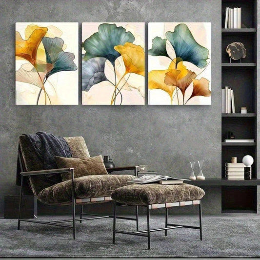 3pcs Abstract Floral Ginkgo Leaf Metal Print Ready to Hang Art