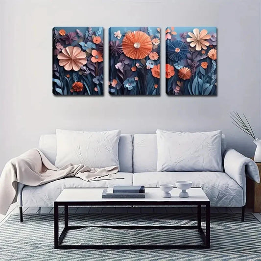 3pcs Vibrant Orange & Pink Flowers Metal Print Ready to Hang Art